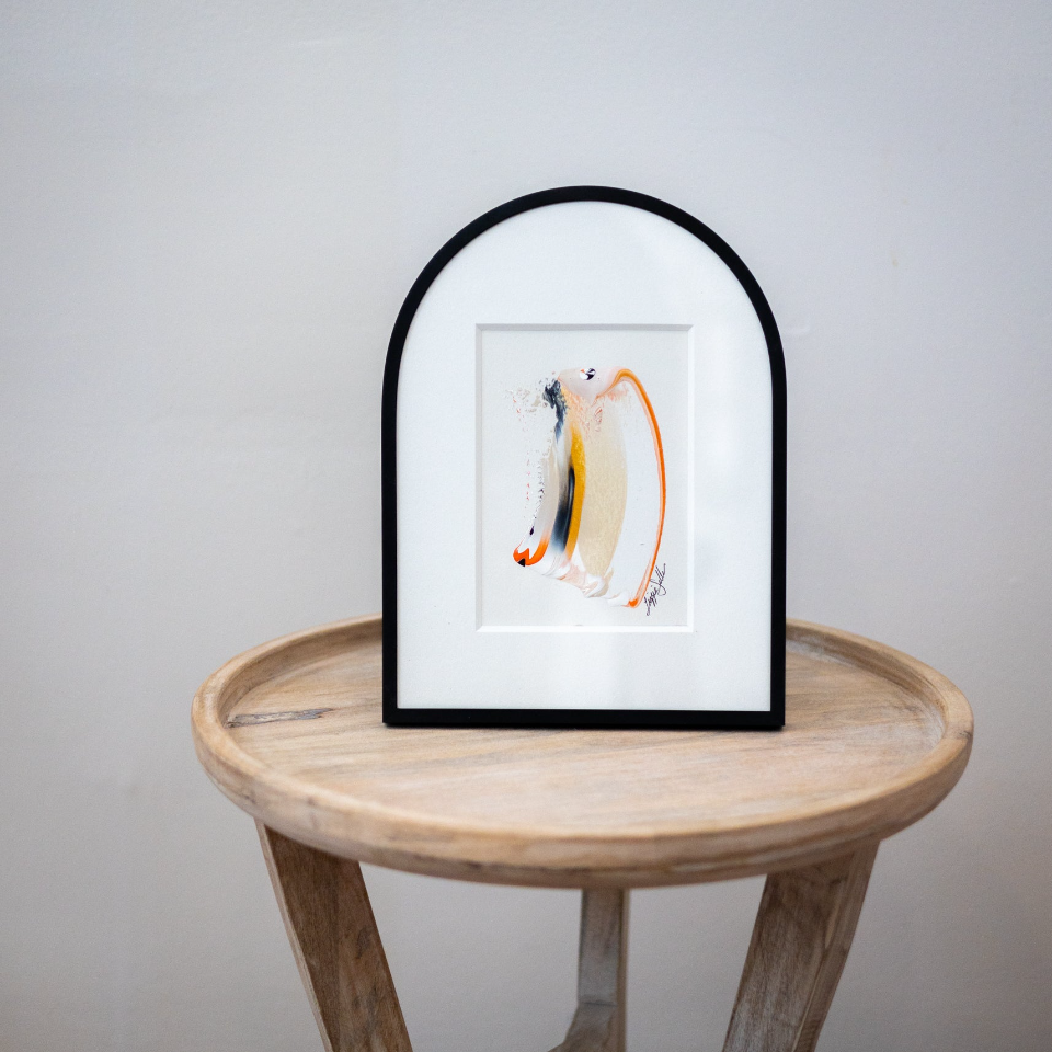 "Joyful Connections" Original Art - orange tan swish, 9x12 Arches Aluminum Frame