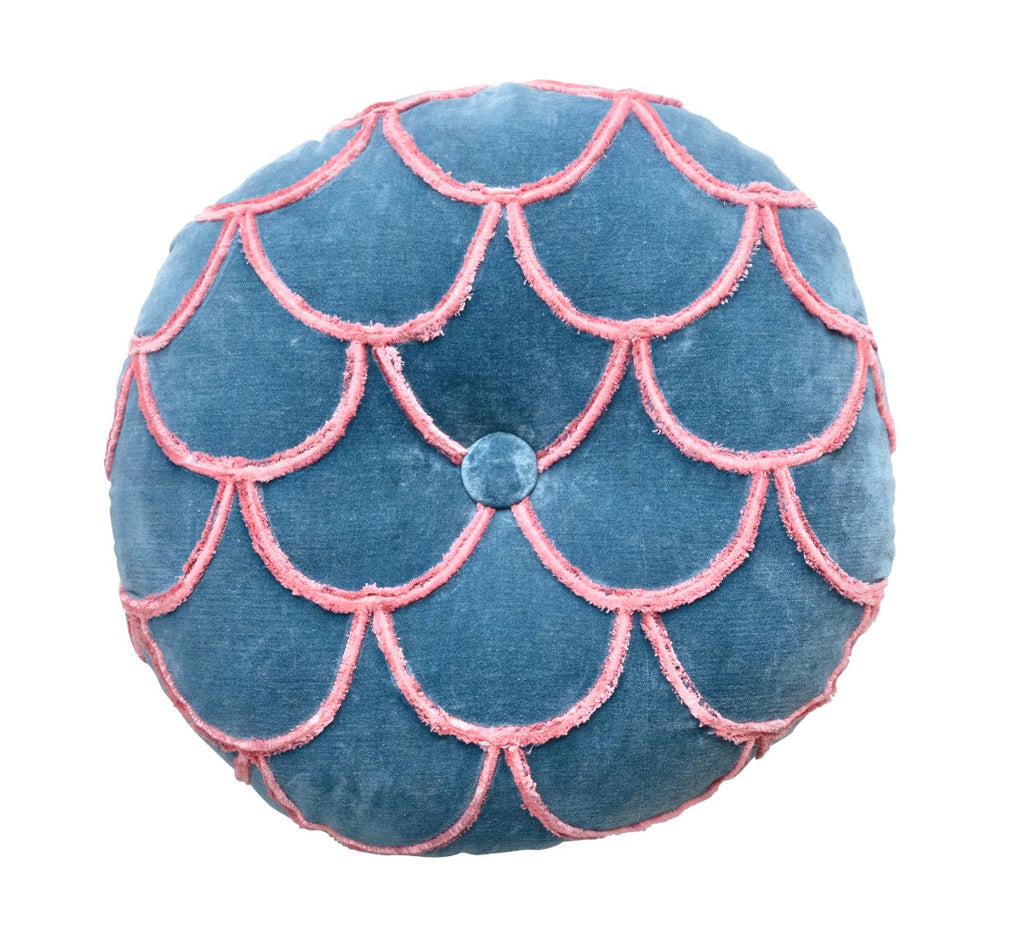 18" Round Cotton Pillow w/ Tufted Scallop Pattern, Blue & Pink