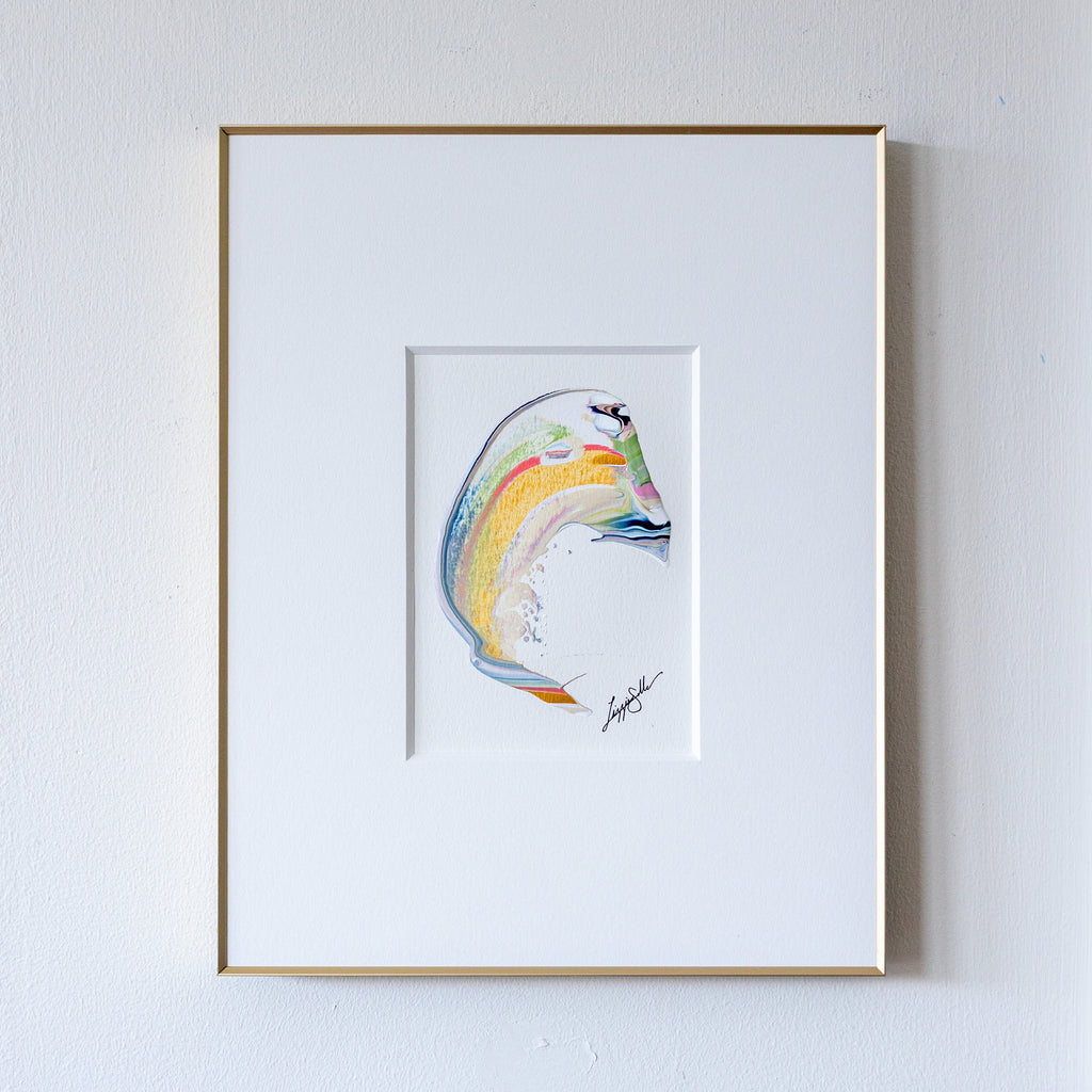 Abstract acrylic painting in gold frame with wide white mat on white wall