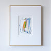 Acrylic abstract painting framed in slim gold frame on white wall