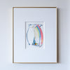 Abstract painting in slim gold frame on white wall