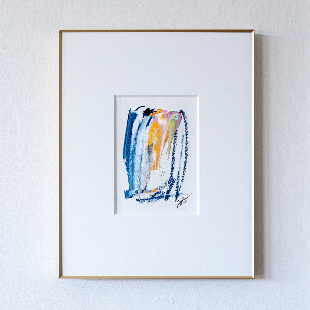 Navy and Gold Chunky Painting in Slim gold frame on white wall