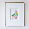 Framed abstract painting with colorful design on a white wall