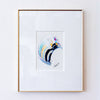 A framed original abstract painting set against a white mat and a thin gold frame, mounted on a white wall.