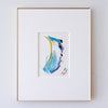 A framed acrylic painting, featuring a wide white mat board and a thin gold frame, mounted on a light gray textured wall.