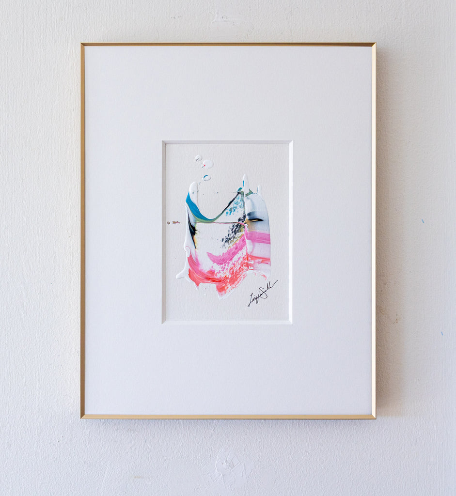 "Joyful Connections" Original Art Framed in 11x14 Aluminum Brass - Coral Blue Wavy Swish