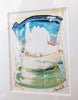An abstract framed painting featuring a central white shape outlined by flowing blue, green, and gold paint-like textures, with a black signature in the lower right corner.