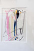 A framed abstract painting featuring a stylized penguin illustration with pink, blue, yellow, and black brushstrokes on a white background, mounted on a white wall.