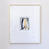 A framed abstract painting featuring black, metallic gold, light pink acrylic with black oil pastel, presented in a white mat and a thin gold frame against a light gray wall.