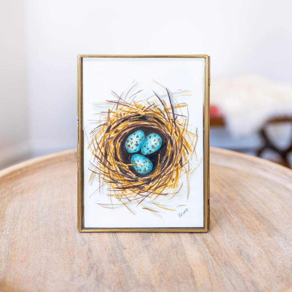 "Ordinary Beauty" Watercolor Nest Painting in Antique Brass Tabletop Frame