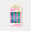 A boxed set of colorful birthday candles with motivational phrases, shown in its retail packaging against a light gray background.