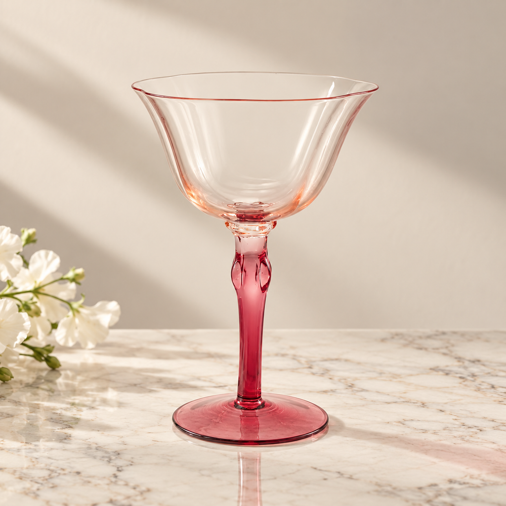 A pink-tinted clear glass coupe style cocktail glass with a flared bowl and a thick, textured stem, standing on a light marble surface with soft shadows and white flowers in the background.