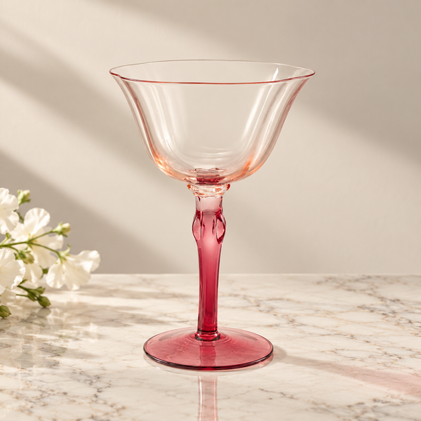 A pink-tinted clear glass coupe style cocktail glass with a flared bowl and a thick, textured stem, standing on a light marble surface with soft shadows and white flowers in the background.