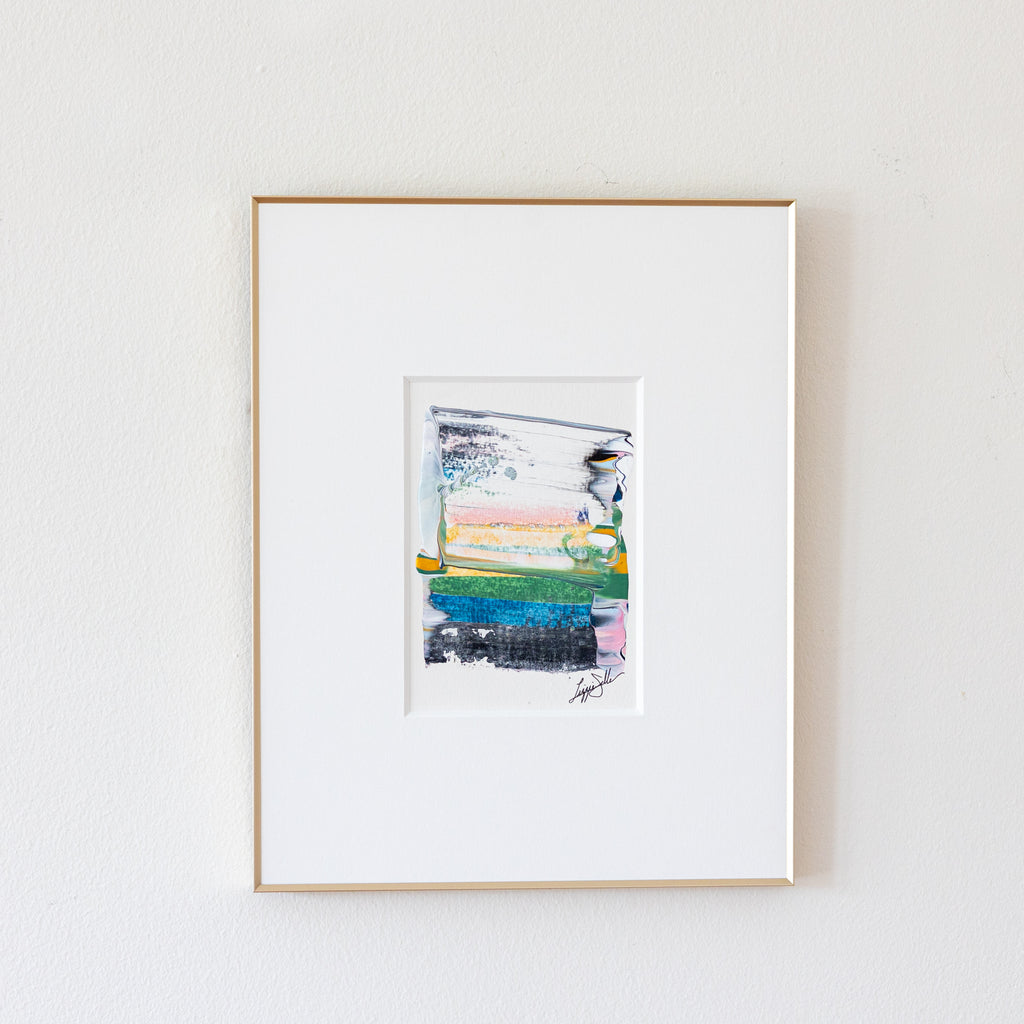 "Joyful Connections" Original Art Framed in 11x14 Aluminum Brass - Blue Green Pink Stack