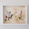 Framed botanical illustration of flowers on a beige background