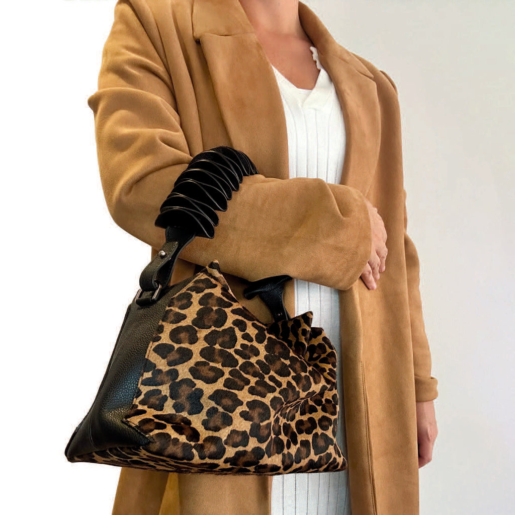 Ana Wave Strap Handbag - Leopard Cow Hide and Black