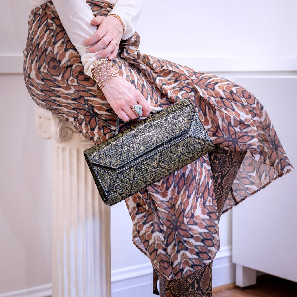 Sofi Baguette Handbag - Olive/Black Python