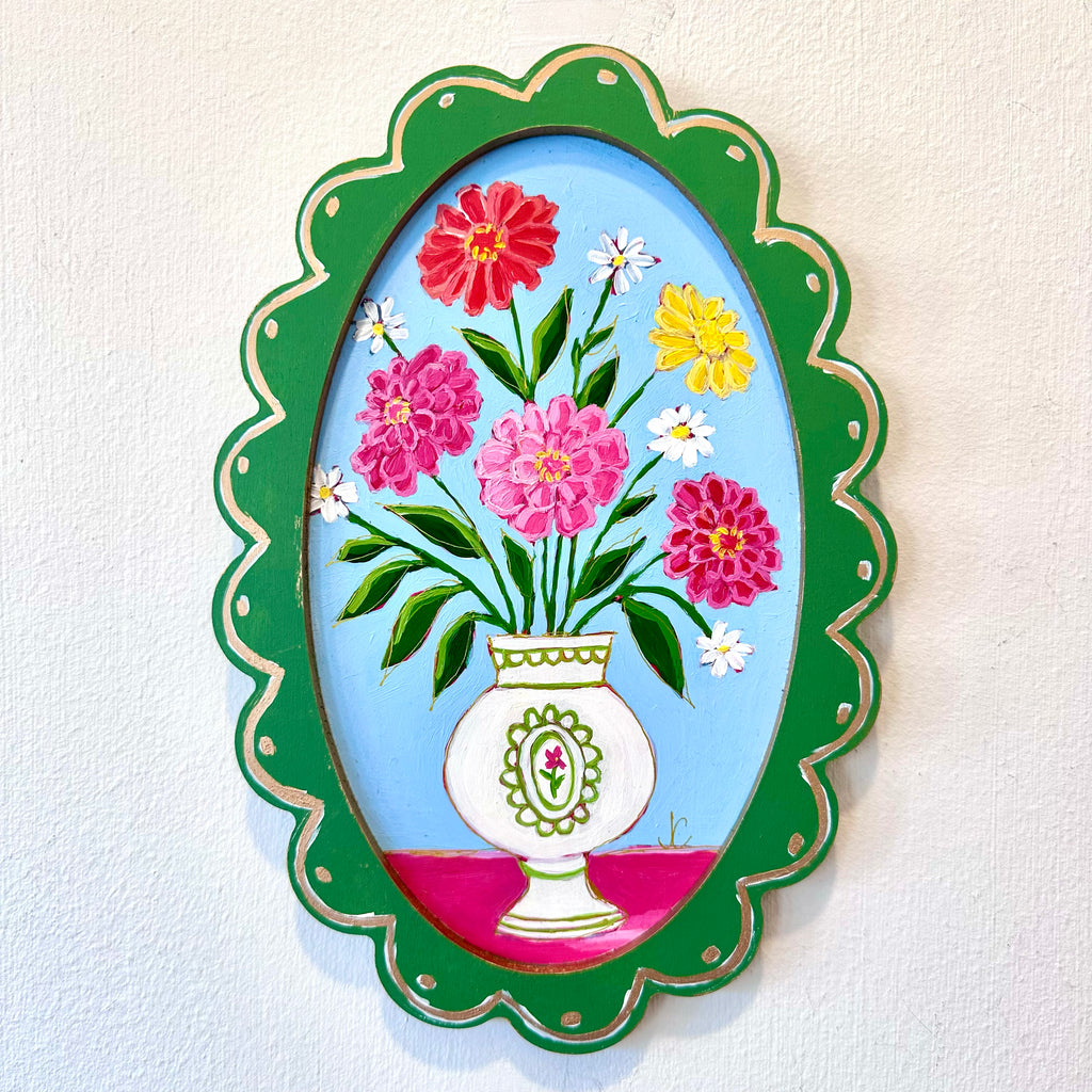 "Borrowed Kisses" Green Oval Scallop Framed Floral Painting