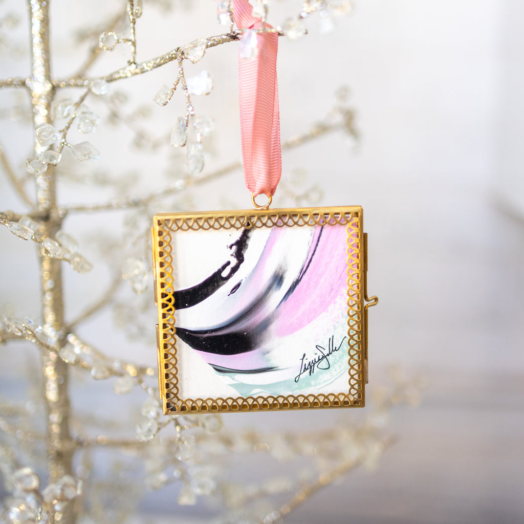 Merry & Bright Original Art Ornament - Black Pink Mint Swish