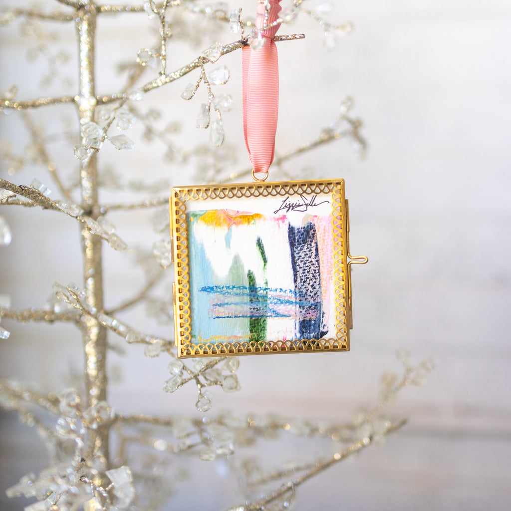 Merry & Bright Original Art Ornament - Blue Gold Criss Cross