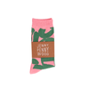 Pink sock with green leaf pattern and 'Jenny Penny Wood' label on a white background
