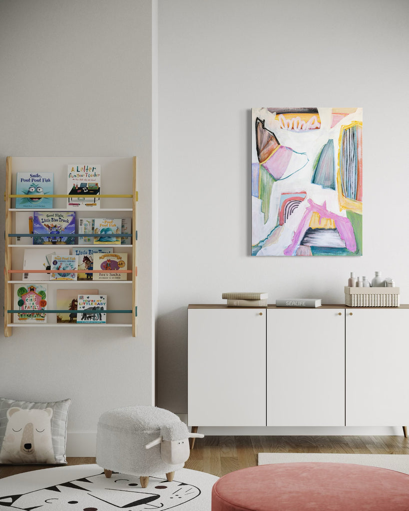 Children's room with bookshelf, colorful abstract painting, and toys.