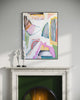 Abstract painting on a wall above a fireplace with decorative items.