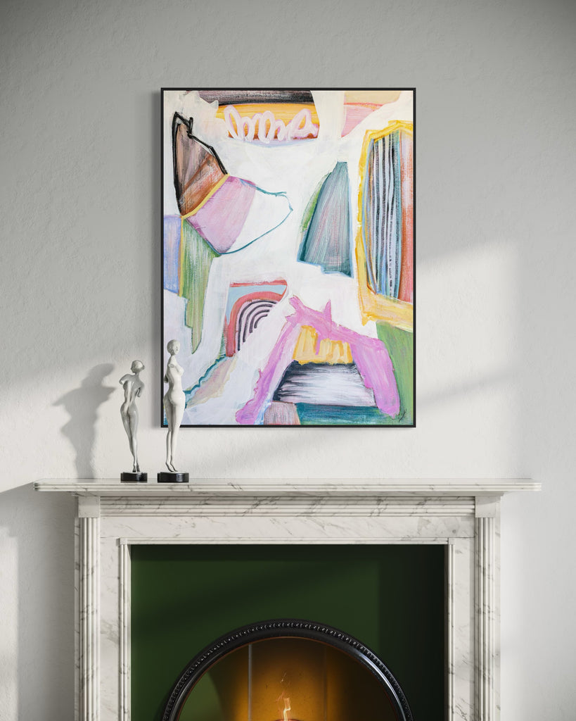 Abstract painting on a wall above a fireplace with decorative items.