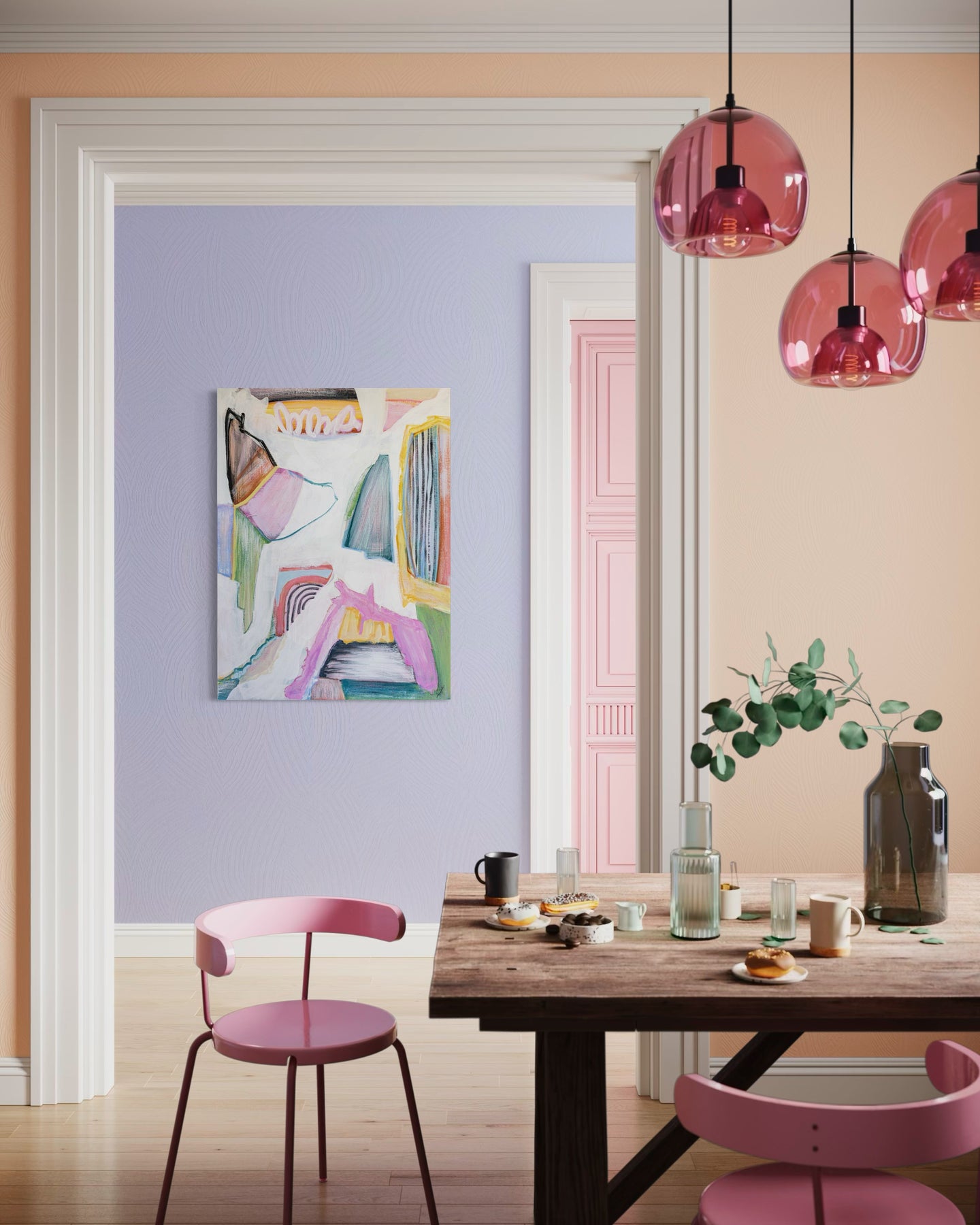 Dining room with pink chairs, a wooden table, and colorful abstract art on the wall.
