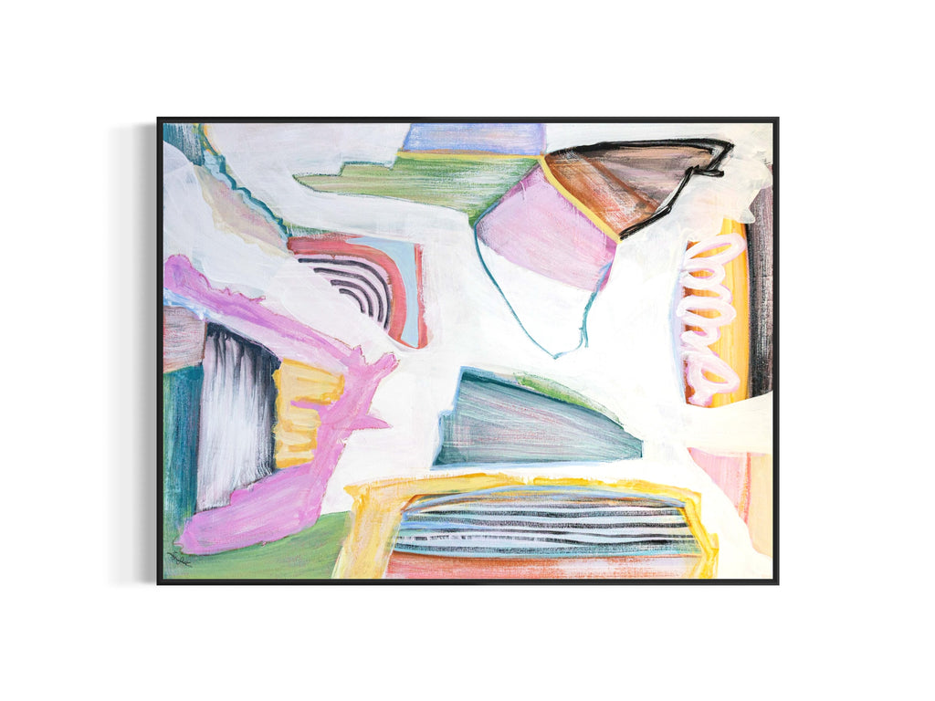 Abstract art print with colorful geometric shapes on a white background
