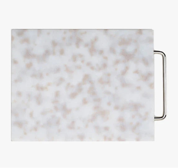 Marble-patterned cutting board with a metal handle on a white background