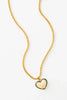 A gold chain necklace with a heart-shaped pendant featuring a cream-colored stone inlay and a dark green outer border, displayed on a clean white background.