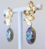 Gold earrings with colorful floral designs on a white stand