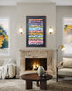Living room with a fireplace, colorful abstract painting, and two armchairs.