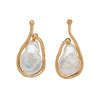Gold earrings with pearl-like stones on a white background