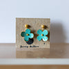 Turquoise flower earrings on a cardboard backing with 'Jewelry Addicts' branding.