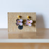 Flower-shaped earrings on a cardboard backing with a light background