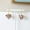 Flower-shaped earrings on a white stand against a neutral background