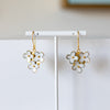 Flower-shaped earrings on a white stand against a plain background