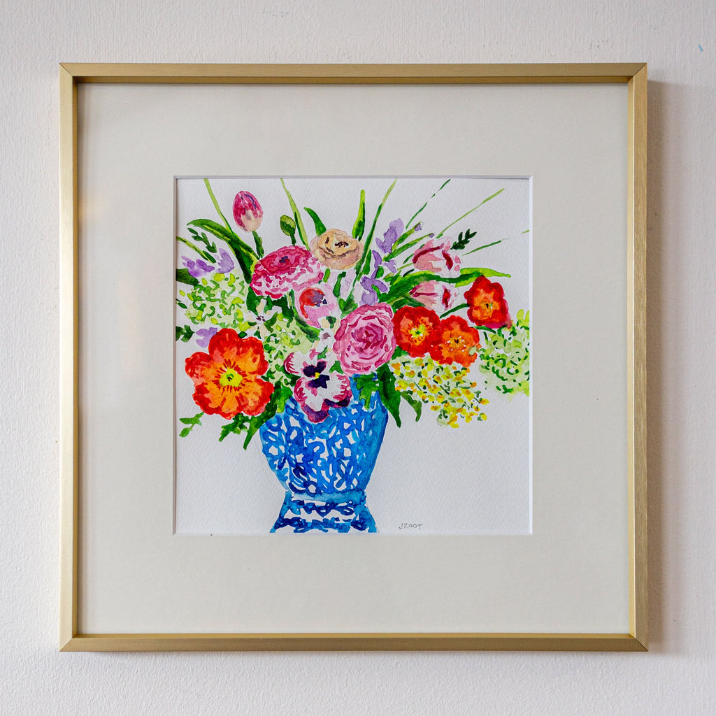 Garden Bouquet Series in 12.5x12.5 Gold Frames - Blue Vase Arrangement
