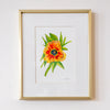 Framed artwork of a colorful flower on a white wall