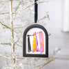 Jingle Bell Original Art Ornament - Peach Metallic Gold Black Striped Swish