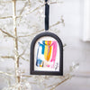 Jingle Bell Original Art Ornament - Rich Striped Swish with Twist Blue, tan, magenta