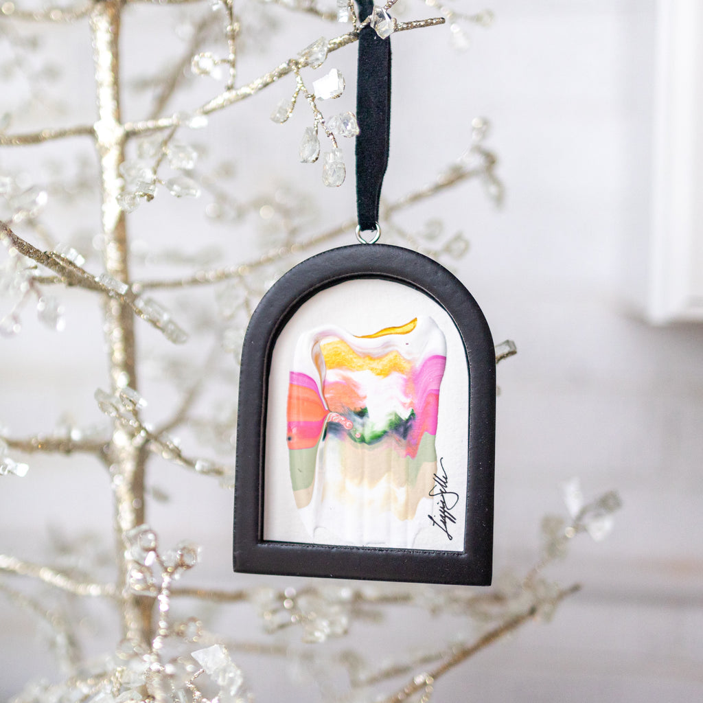 Jingle Bell Original Art Ornament - Wavy Horizontal Pinks Coral Gold Green Abstract