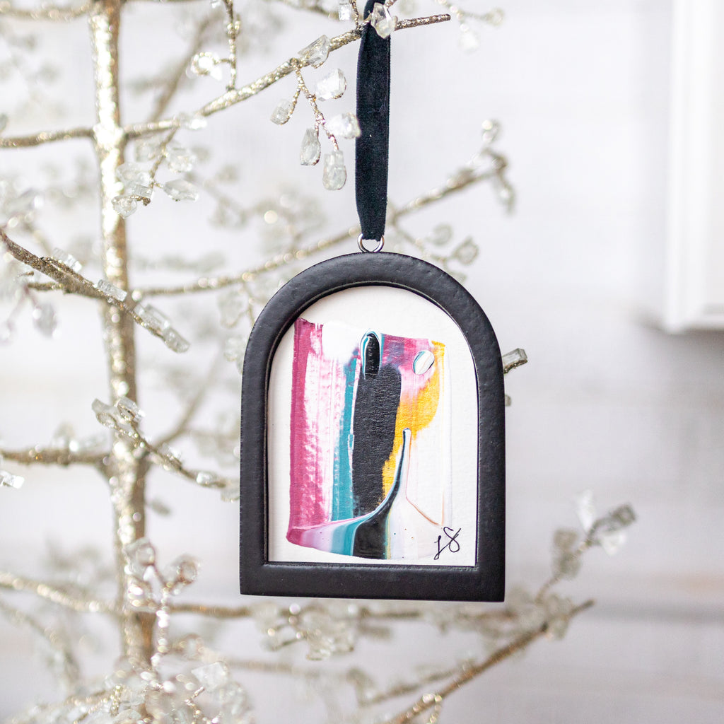 Jingle Bell Original Art Ornament - Raspberry tel black gold swish and flip