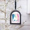 Jingle Bell Original Art Ornament - Peacock Blue Pink Gold Swish
