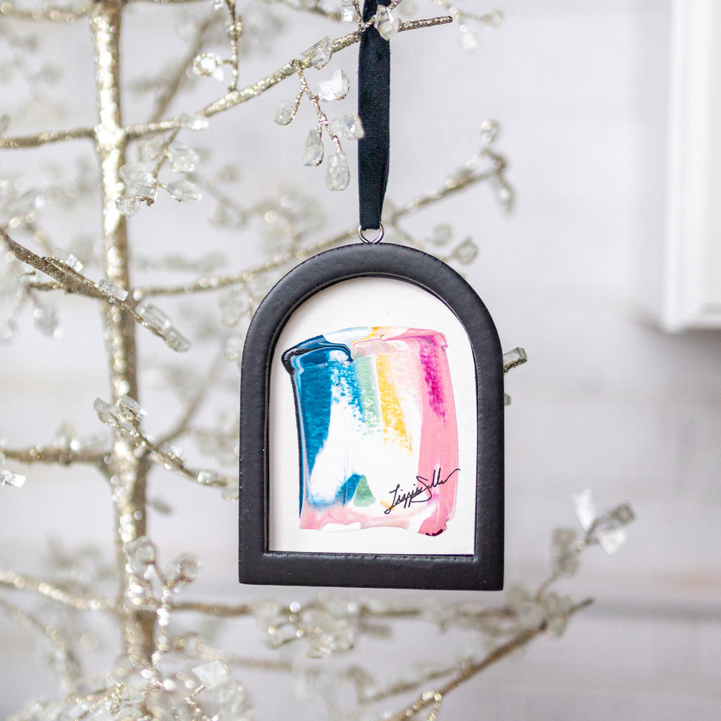 Jingle Bell Original Art Ornament - Peacock Blue Pink Gold Swish