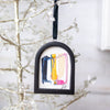 Jingle Bell Original Art Ornament - Navy Gold Tan and Pink Swish with Perfect Swirl