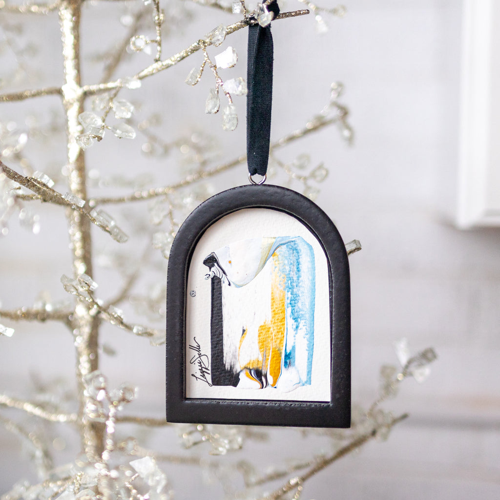 Jingle Bell Original Art Ornament - White Blue Gold Black Swish