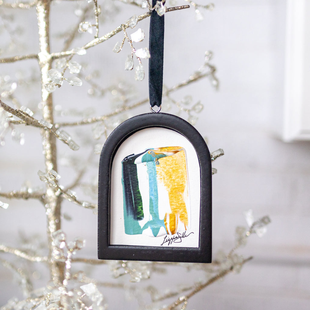 Jingle Bell Original Art Ornament - Teal Green Metallic Gold Swish